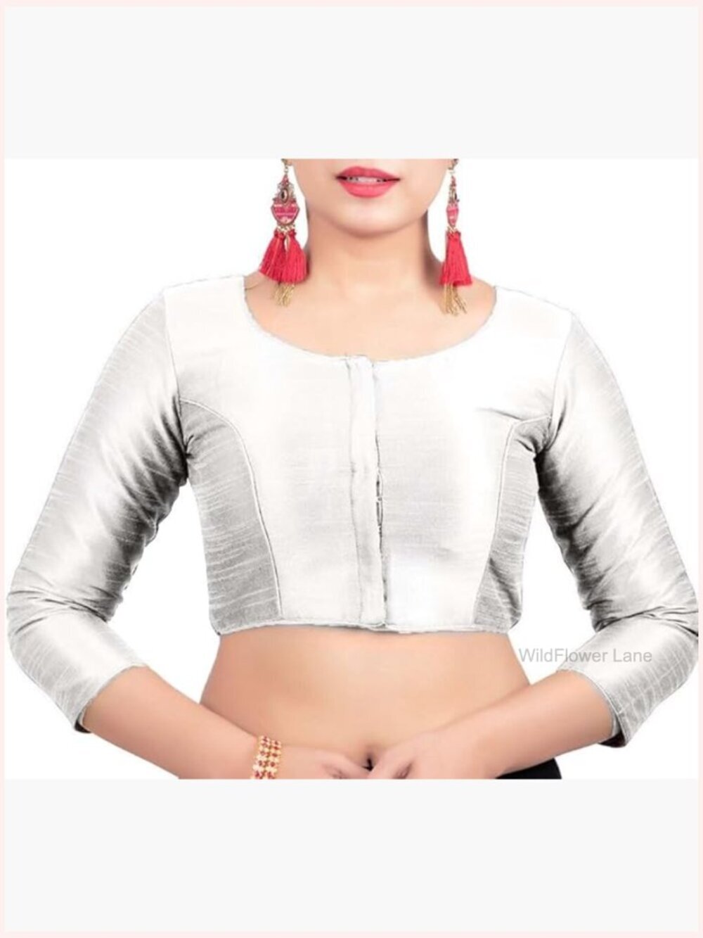 Dupion Saree Blouse 3/4 Sleeve Round Neck Hook Eye Closure